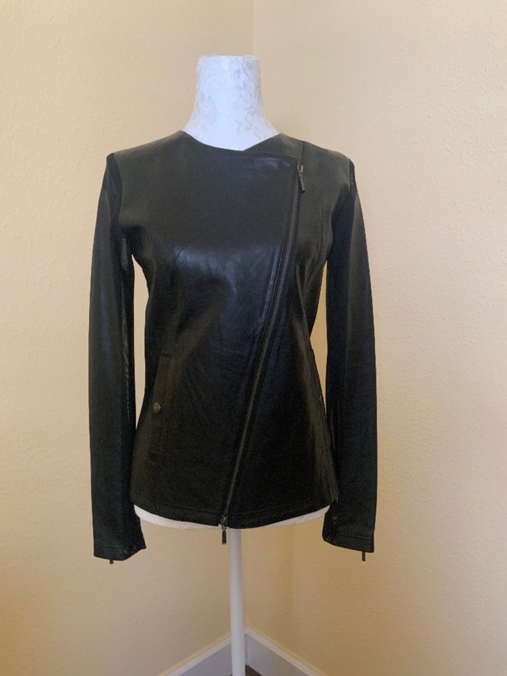 Anatomie Mixed Media Leather Jacket with Asymmetrical Zipper